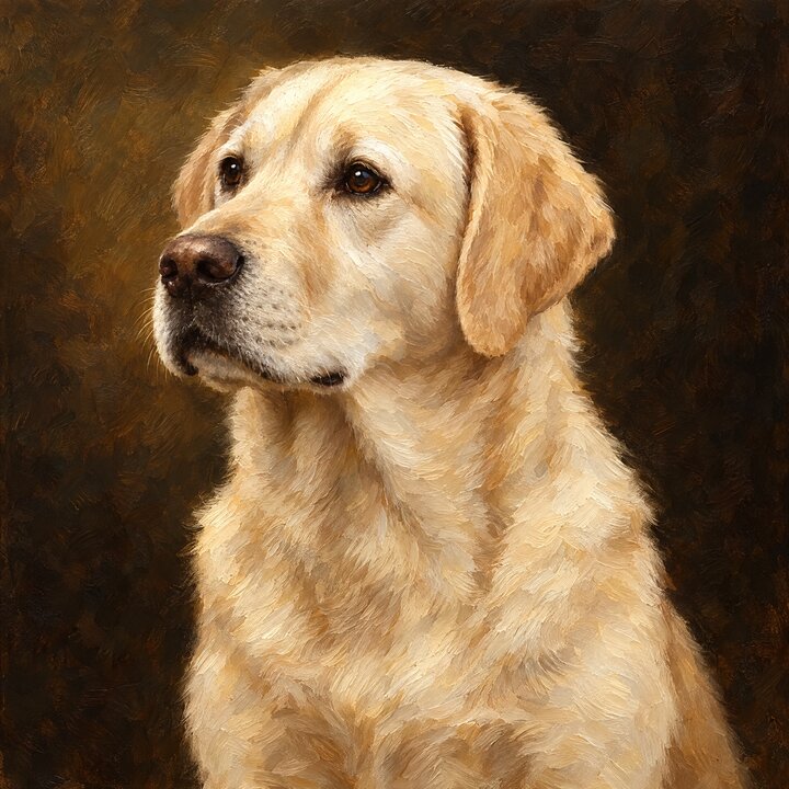 Oil portrait of the same Labrador made from the blurry photo