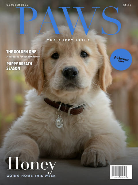 Magazine cover made from the photo of a golden retriever puppy with a name tag