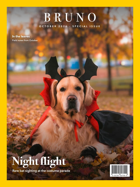 Nature cover made from the photo of a golden retriever in a bat costume in autumn leaves