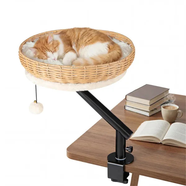 Cat resting on a 360 degree rotating desk perch beside a monitor