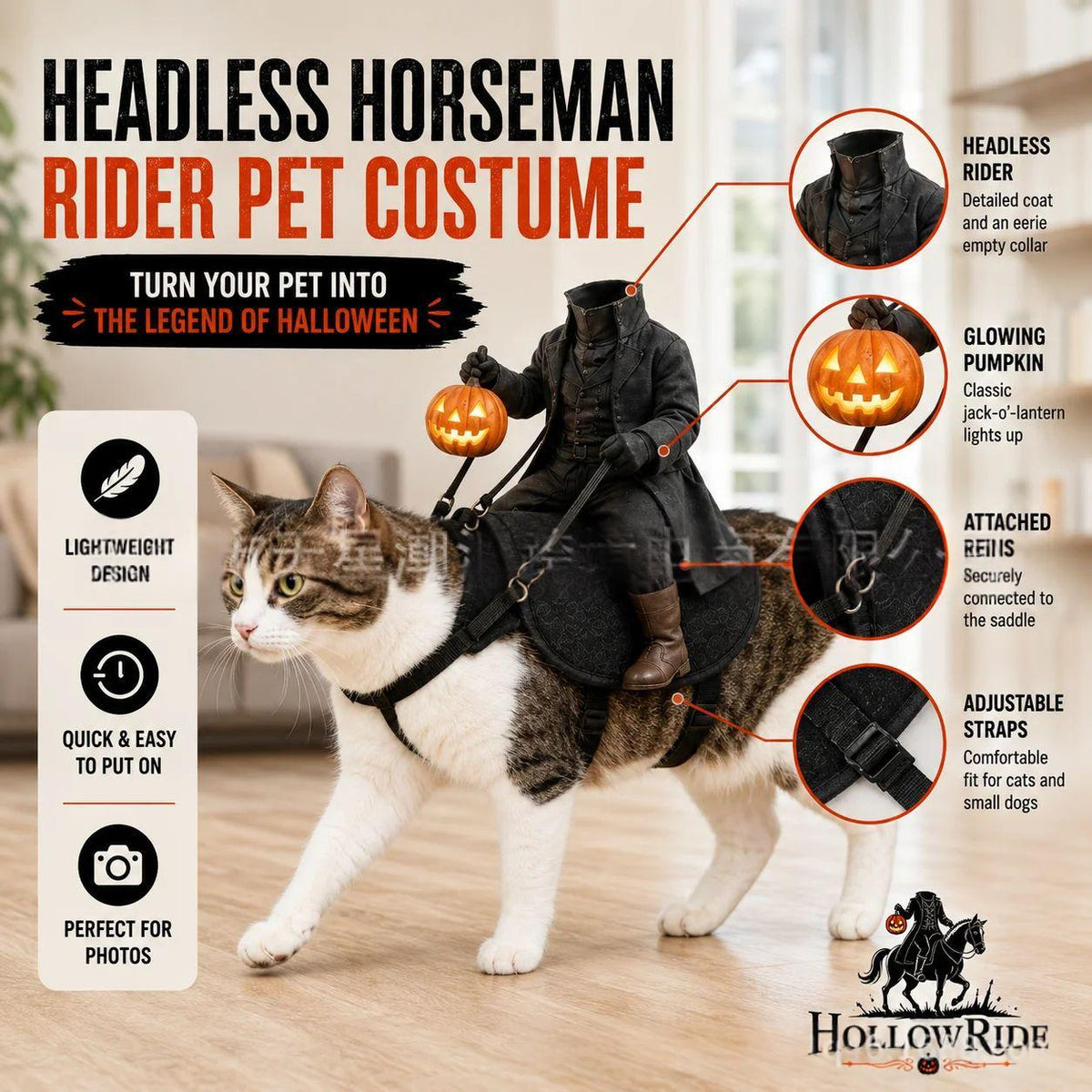 Headless Horseman Cat Costume with Pumpkin Rider (view 5)