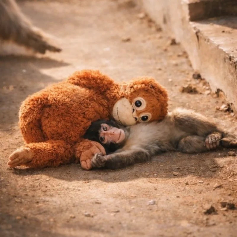 Punch curled up against the orangutan plush on the zoo floor