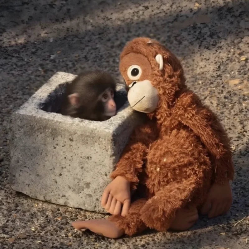 Punch peeking out of a concrete box beside the orangutan plush