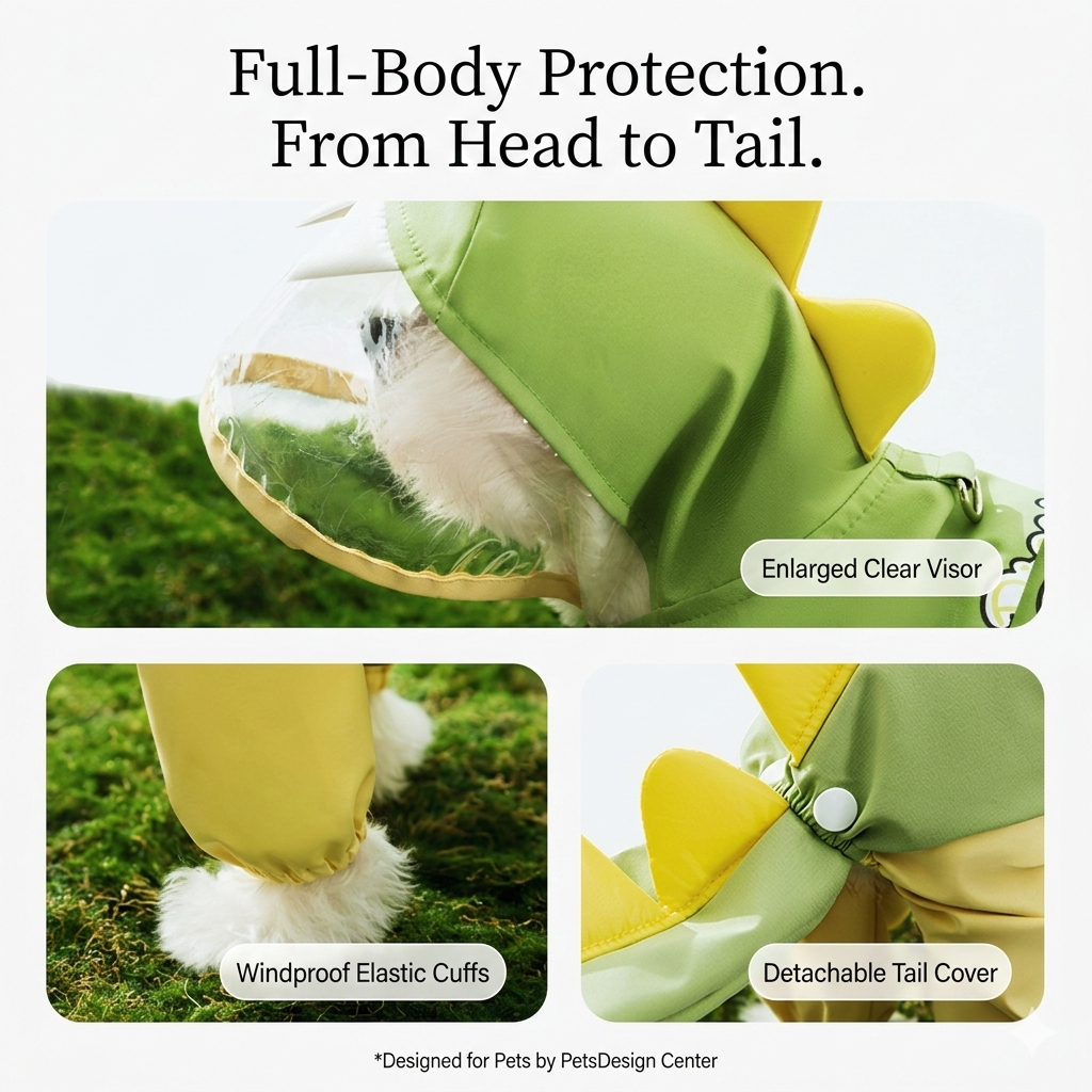 Dinosaur Hooded Dog Raincoat with Tail Cover - pet product photo (view 3)