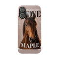 Slim iPhone case with a magazine-cover pet portrait of a brown horse named Maple