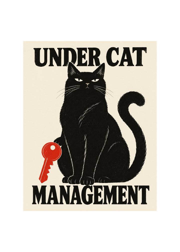 Digital preview of Under Cat Management, a cat art print with a white border.