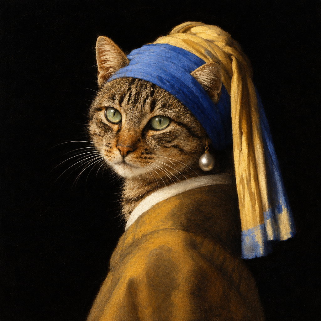Cat painted in the Girl with a Pearl Earring style