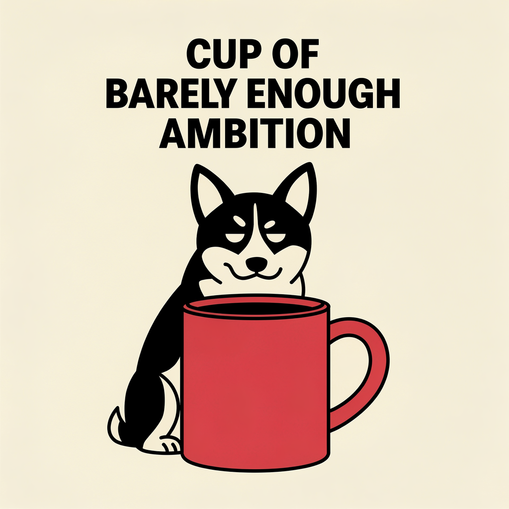Cup Of Barely Enough Ambition: a tired black-and-tan corgi behind a red coffee mug on a cream background.