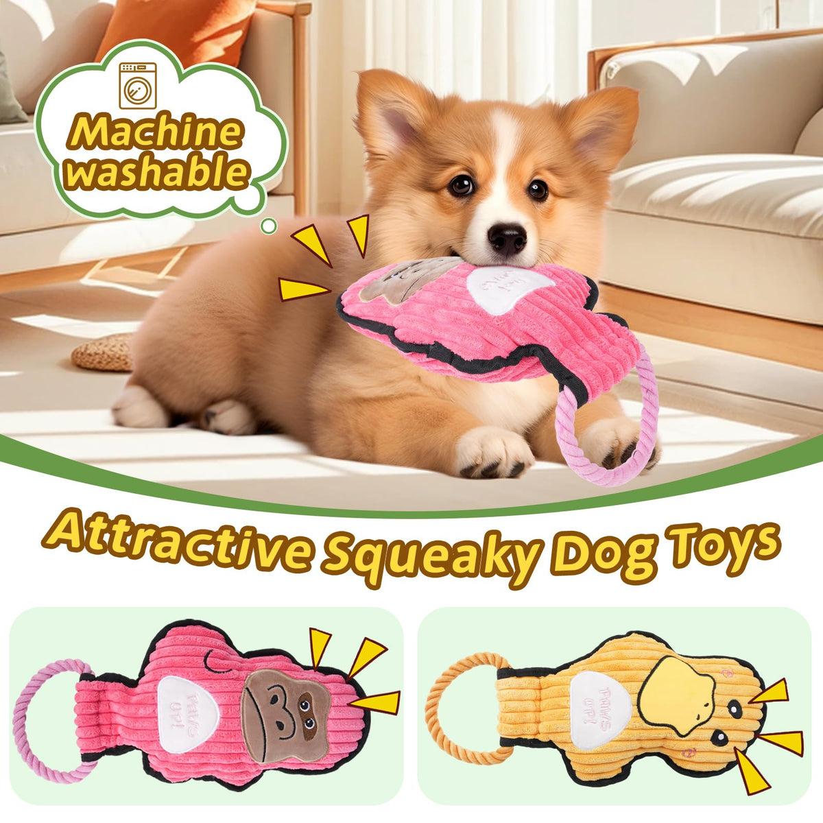 Crinkle and Squeaky Dog Toys & Tough Tug of War Set - dog product photo (view 5)