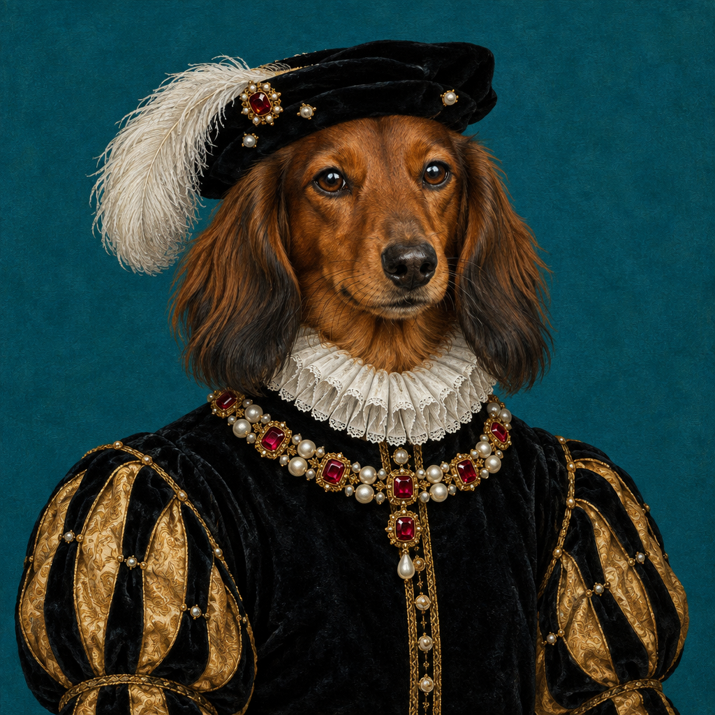 Dachshund painted as a Tudor-era noble portrait