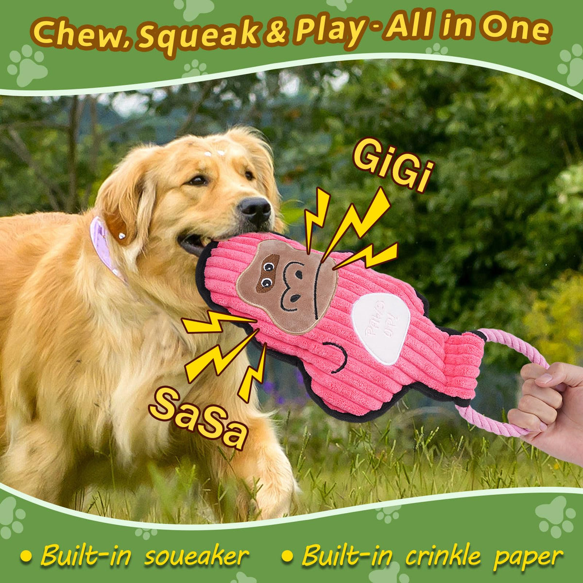 Crinkle and Squeaky Dog Toys & Tough Tug of War Set - dog product photo (view 3)