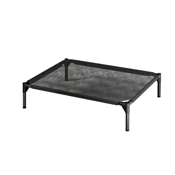 Elevated breathable mesh pet bed raised off the ground for airflow