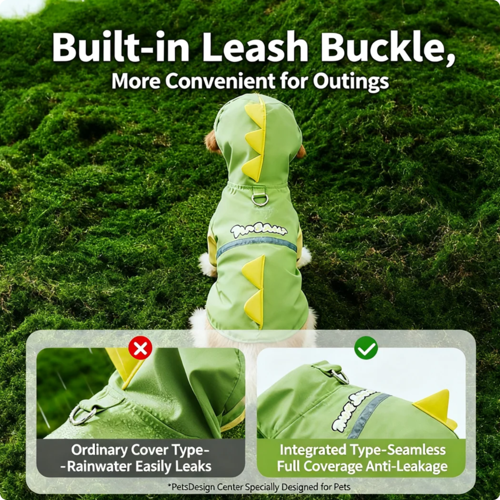 Dinosaur Hooded Dog Raincoat with Tail Cover - pet product photo (view 4)