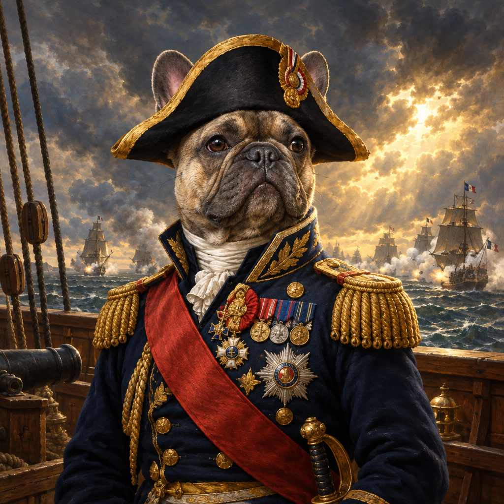 French Bulldog painted in a naval Admiral portrait style
