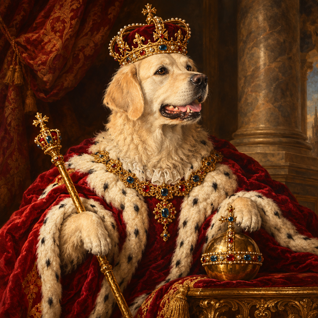 Golden retriever painted as a Renaissance-style Sovereign portrait