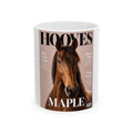 White 11 oz mug with a magazine-cover pet portrait of a brown horse named Maple