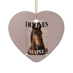 Heart ornament with a magazine-cover pet portrait of a brown horse named Maple, hung on a gold string