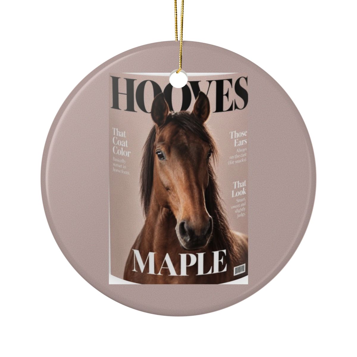 Round ornament with a magazine-cover pet portrait of a brown horse named Maple, hung on a gold string