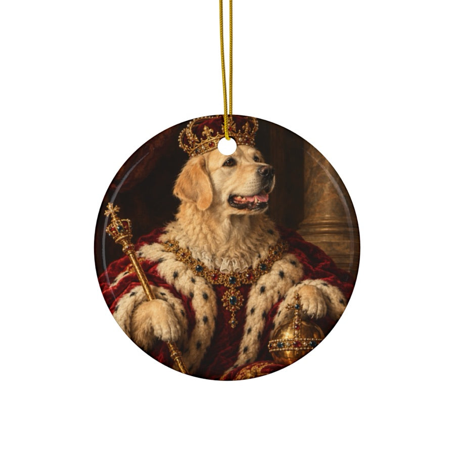 Round pet portrait ornament with a gold cap