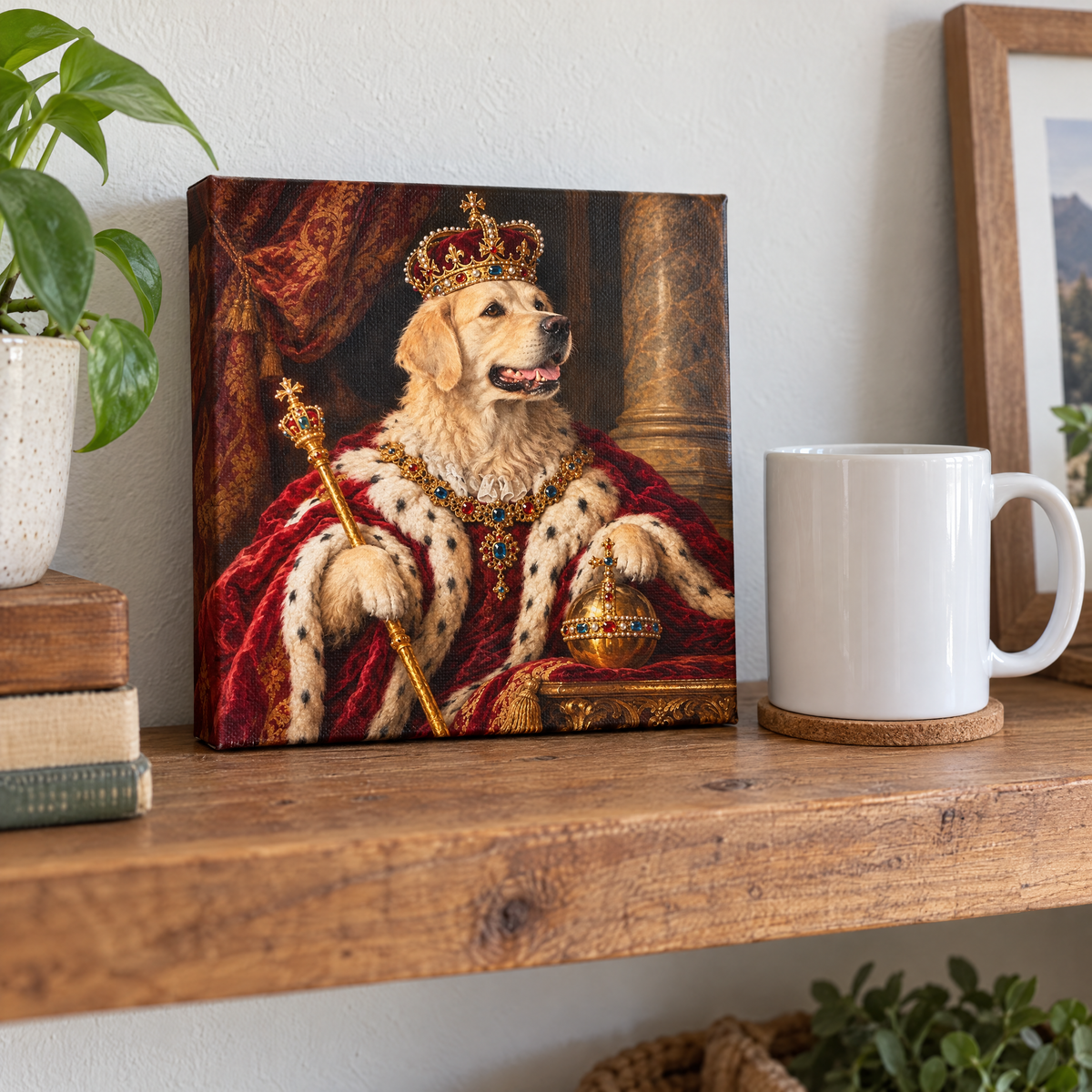 8x8 inch pet portrait canvas standing on a wooden shelf next to a mug