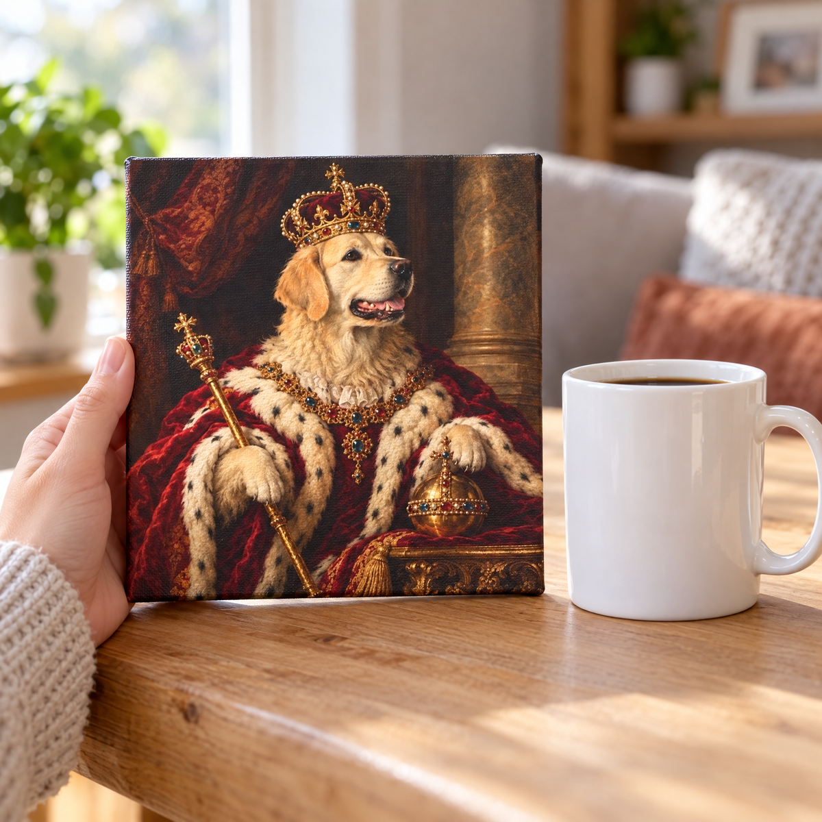 8x8 inch pet portrait canvas held in one hand next to a coffee mug, showing its size