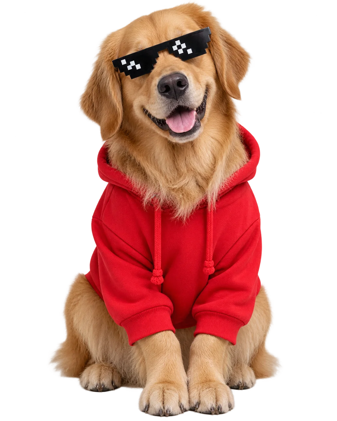 Golden retriever in a red hoodie and pixel sunglasses