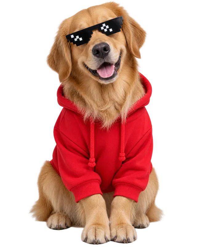 Golden retriever in a red hoodie
