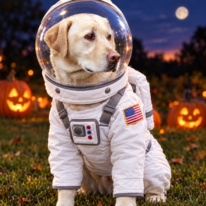 Dog in a astronaut Halloween costume