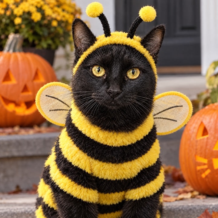Cat in a bumblebee Halloween costume