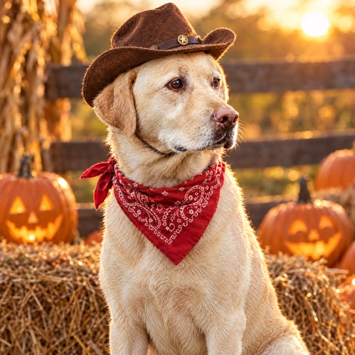 Dog in a cowboy Halloween costume