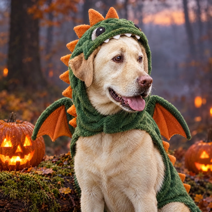 Dog in a little dragon Halloween costume