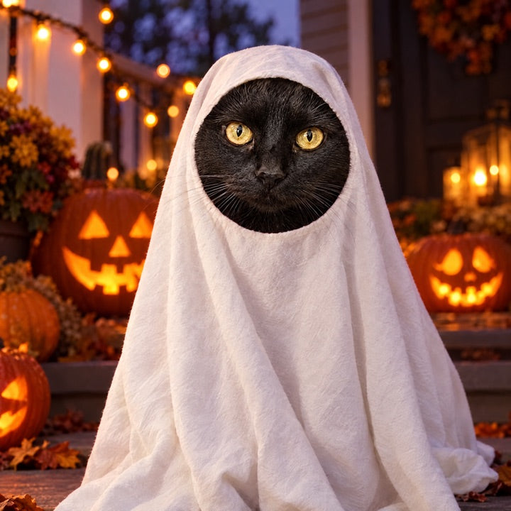 Cat in a ghost Halloween costume