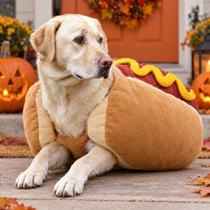 Dog in a hot dog Halloween costume