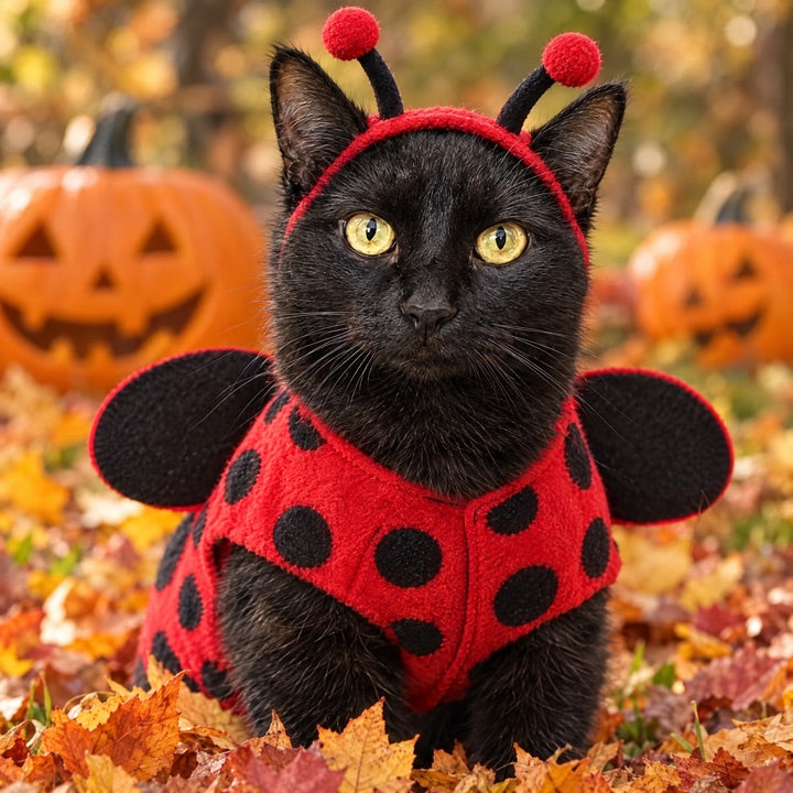 Cat in a ladybug Halloween costume