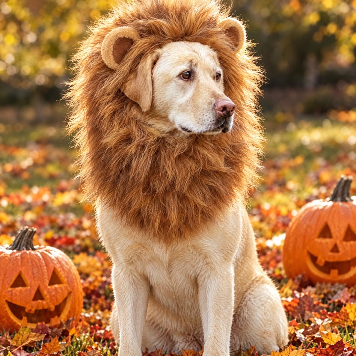 Dog in a little lion Halloween costume
