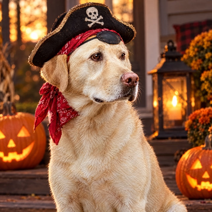 Dog in a pirate Halloween costume