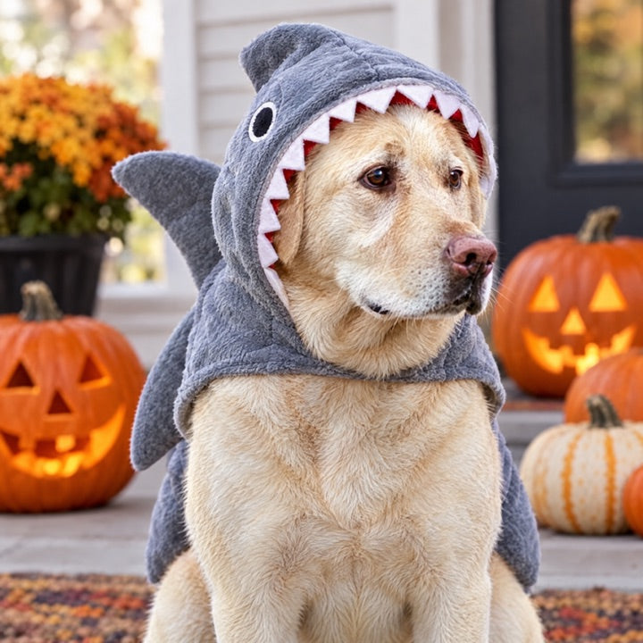 Dog in a shark Halloween costume