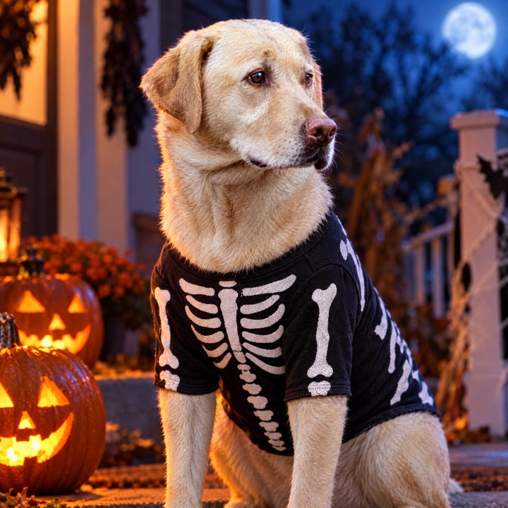 Dog in a skeleton Halloween costume