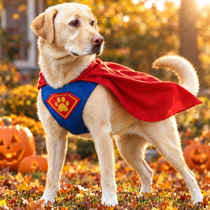 Dog in a superhero Halloween costume