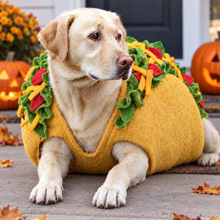 Dog in a taco Halloween costume