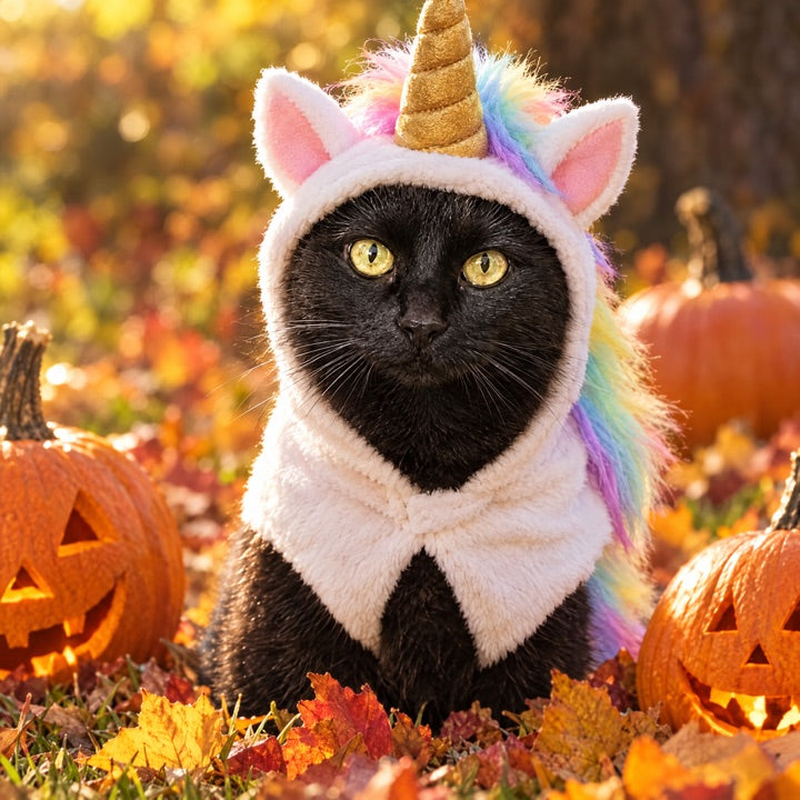 Cat in a unicorn Halloween costume