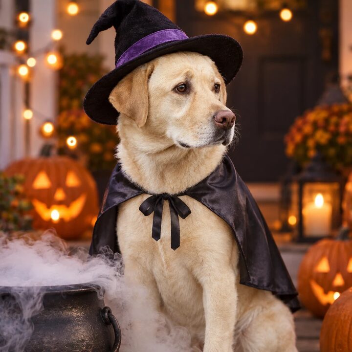 Dog in a little witch Halloween costume