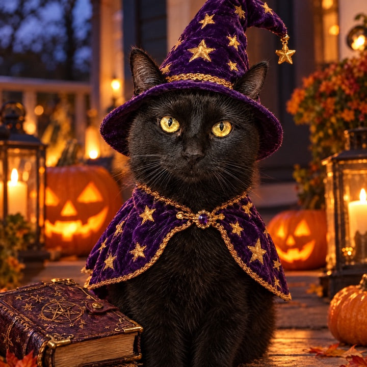 Cat in a wizard Halloween costume