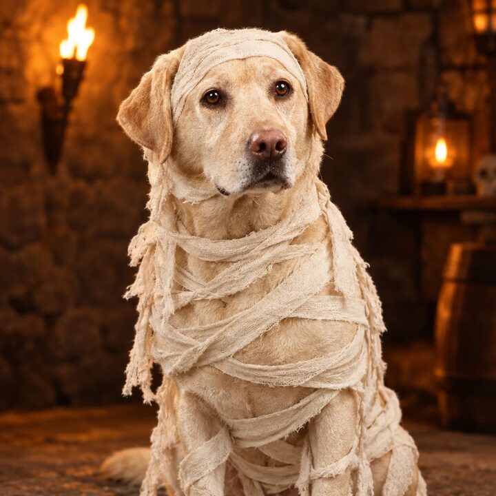 Pet portrait in a mummy costume