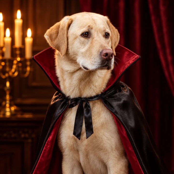 Pet portrait in a count fluffula costume