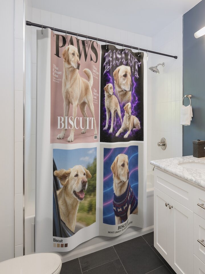 Example design with the pet name Biscuit: on your shower curtain