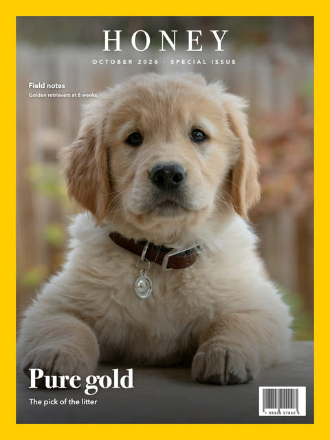 Nature cover made from the photo of a golden retriever puppy with a name tag