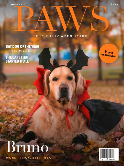 Magazine cover made from the photo of a golden retriever in a bat costume in autumn leaves