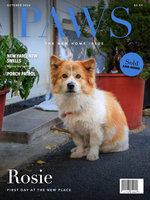 Magazine cover made from the photo of a corgi outside the front door of a house