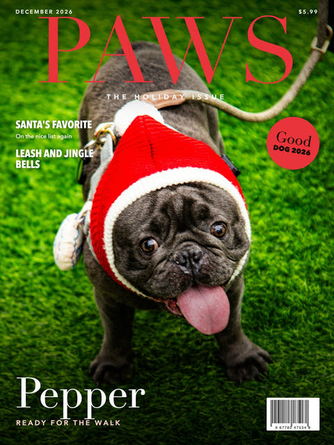 Magazine cover made from the photo of a pug in a Santa hat on grass